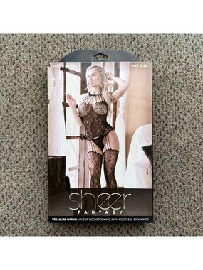 Sheer Fantasy Halter Bodystocking With Footless Stockings Black One Size